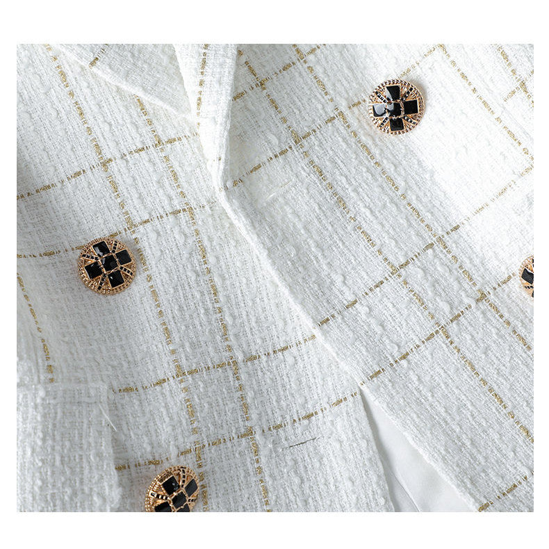(Alta Qualidade)  Xadrez Forrado Blazer Tweed Feminino Moda Casual Com Botão Slim Cintura Para outono/inverno/primavera