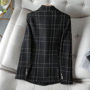 (Alta Qualidade)  Xadrez Forrado Blazer Tweed Feminino Moda Casual Com Botão Slim Cintura Para outono/inverno/primavera