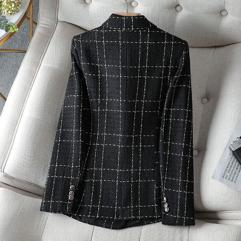 (Alta Qualidade)  Xadrez Forrado Blazer Tweed Feminino Moda Casual Com Botão Slim Cintura Para outono/inverno/primavera