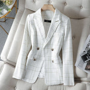 (Alta Qualidade)  Xadrez Forrado Blazer Tweed Feminino Moda Casual Com Botão Slim Cintura Para outono/inverno/primavera