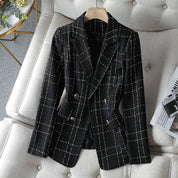 (Alta Qualidade)  Xadrez Forrado Blazer Tweed Feminino Moda Casual Com Botão Slim Cintura Para outono/inverno/primavera