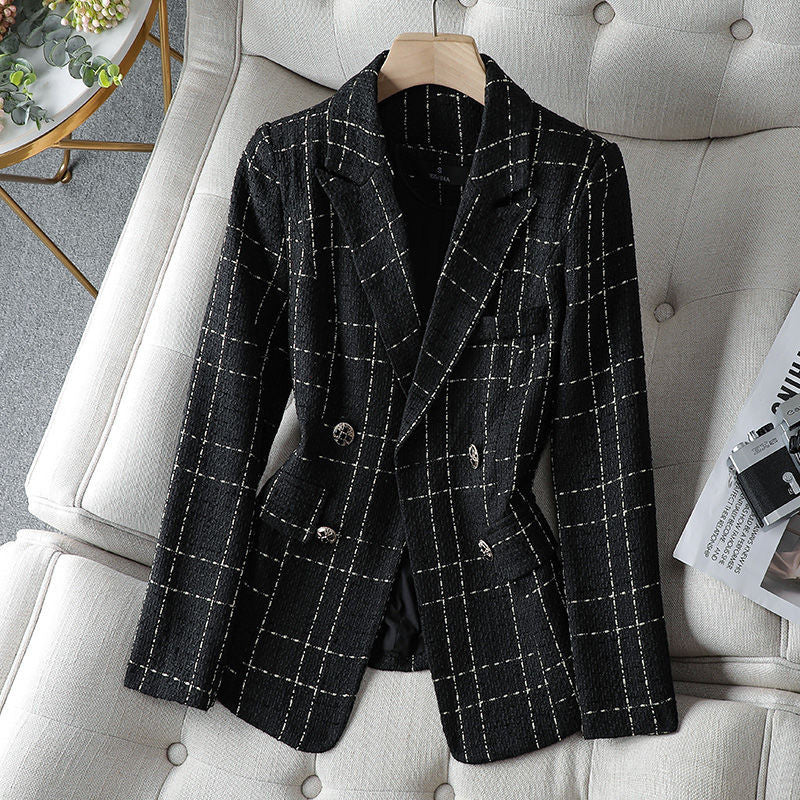 (Alta Qualidade)  Xadrez Forrado Blazer Tweed Feminino Moda Casual Com Botão Slim Cintura Para outono/inverno/primavera
