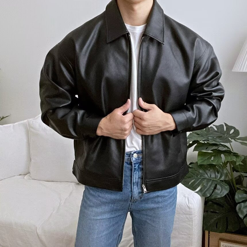 Jaqueta de Couro Puffian com Lapela Solta para Homens, Estilo Retro Americano, Primavera Outono, Moda de Rua, Motociclet