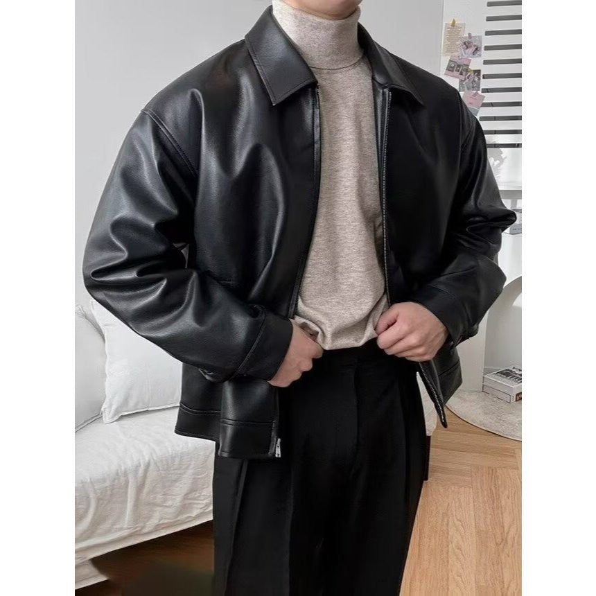 Jaqueta de Couro Puffian com Lapela Solta para Homens, Estilo Retro Americano, Primavera Outono, Moda de Rua, Motociclet