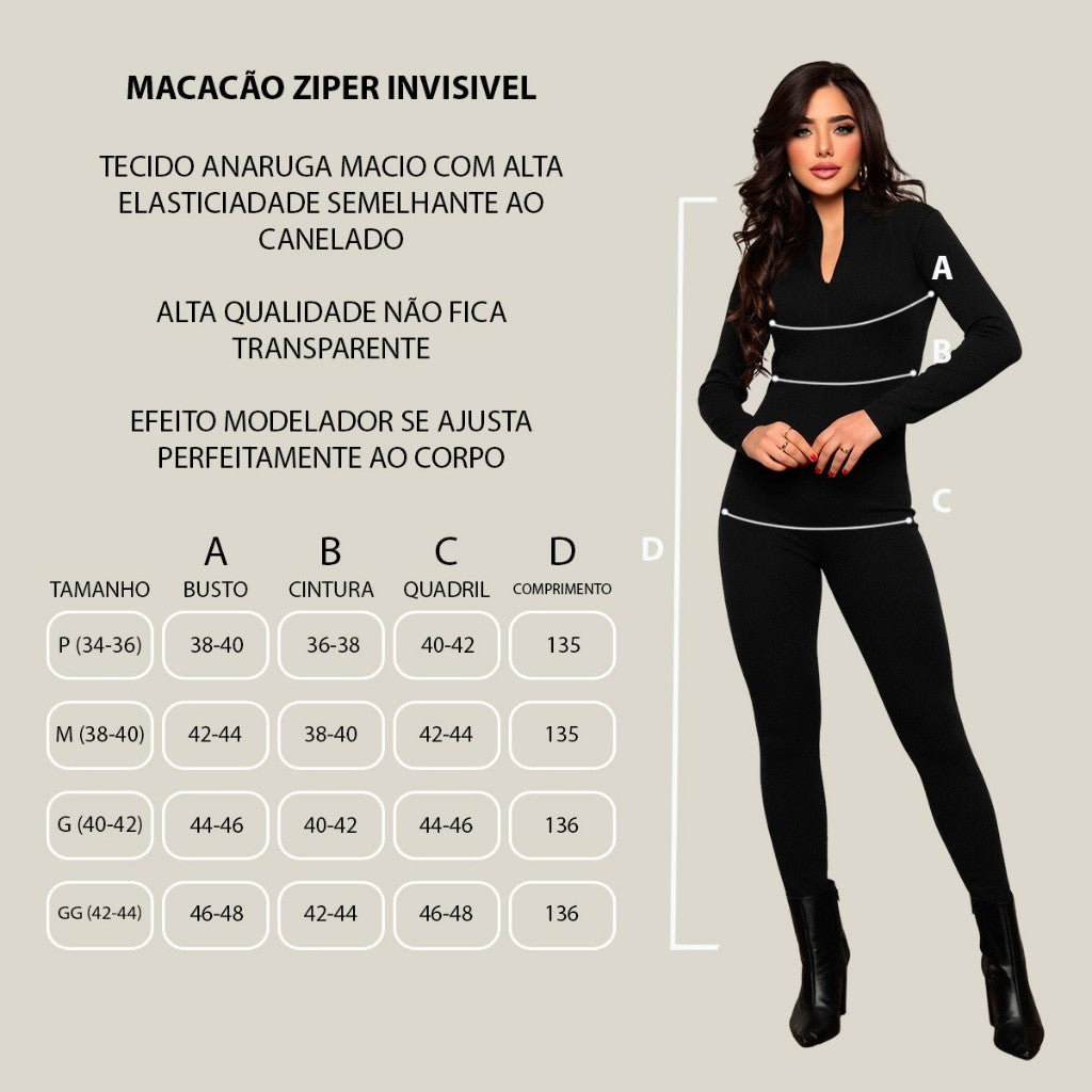 Macacão Feminino Manga Longa Canelado Modelador Gringa Virginia Ziper Outono Calca