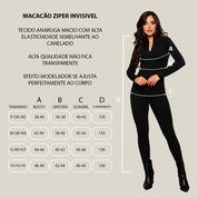 Macacão Feminino Manga Longa Canelado Modelador Gringa Virginia Ziper Outono Calca