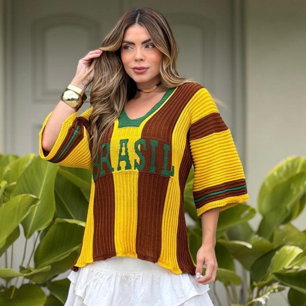 Camiseta Brasil Listrada Feminina Tricot Modal Canelado Copa do Mundo Verão