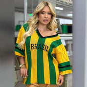 Camiseta Brasil Listrada Feminina Tricot Modal Canelado Copa do Mundo Verão