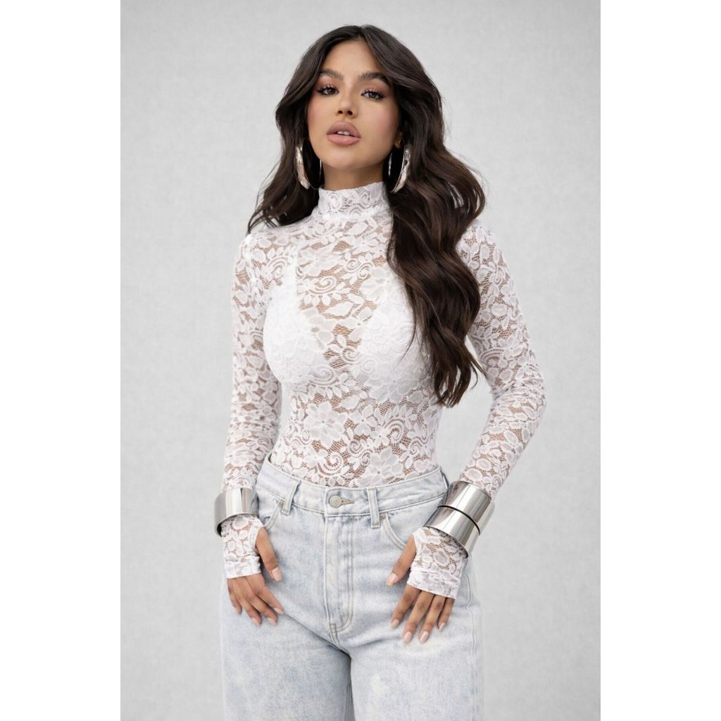 Body Feminino Renda Tule Transparente Dedeira Floral Manga Longa Blusa Flor
