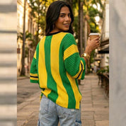 Camiseta Brasil Listrada Feminina Tricot Modal Canelado Copa do Mundo Verão
