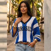 Camiseta Brasil Listrada Feminina Tricot Modal Canelado Copa do Mundo Verão