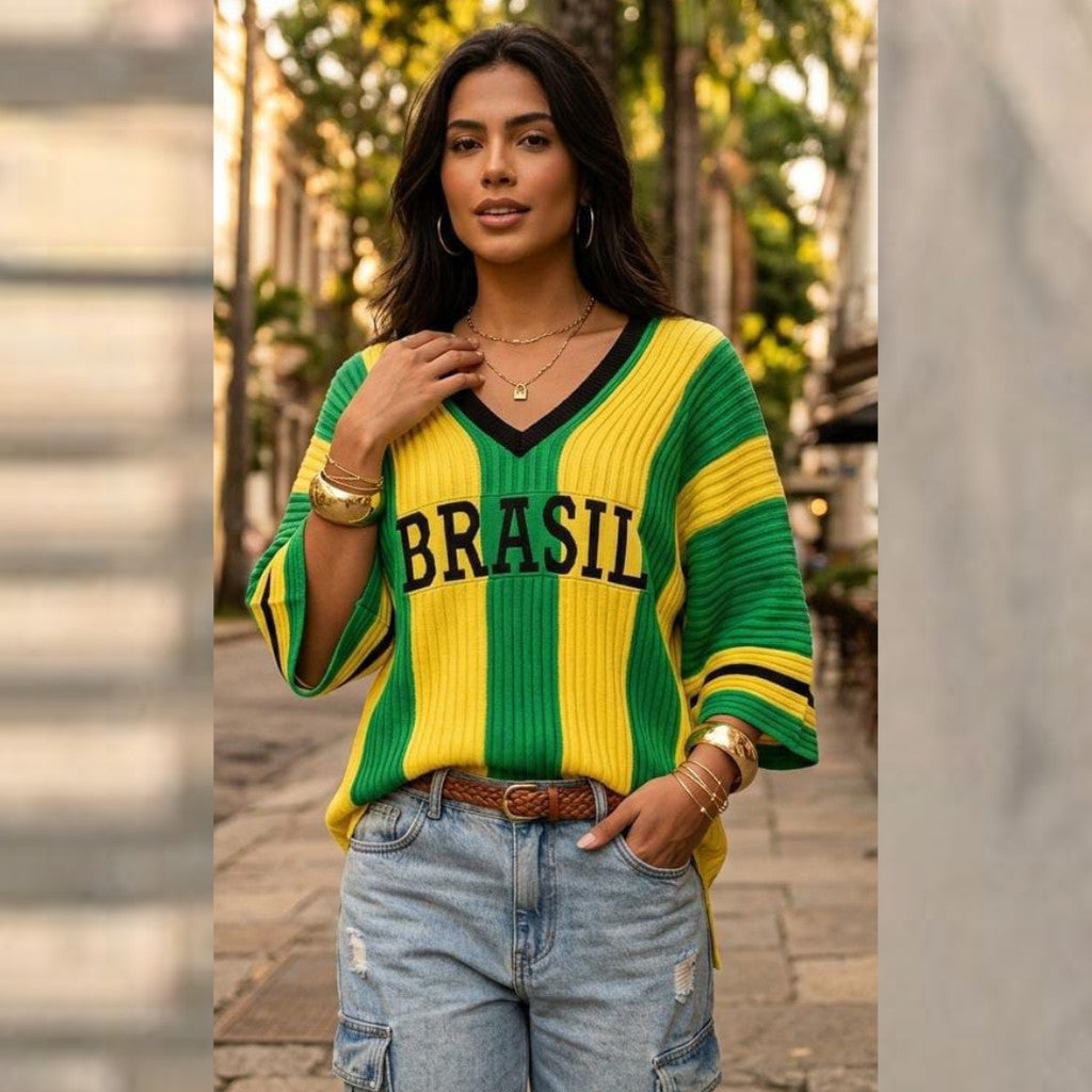 Camiseta Brasil Listrada Feminina Tricot Modal Canelado Copa do Mundo Verão