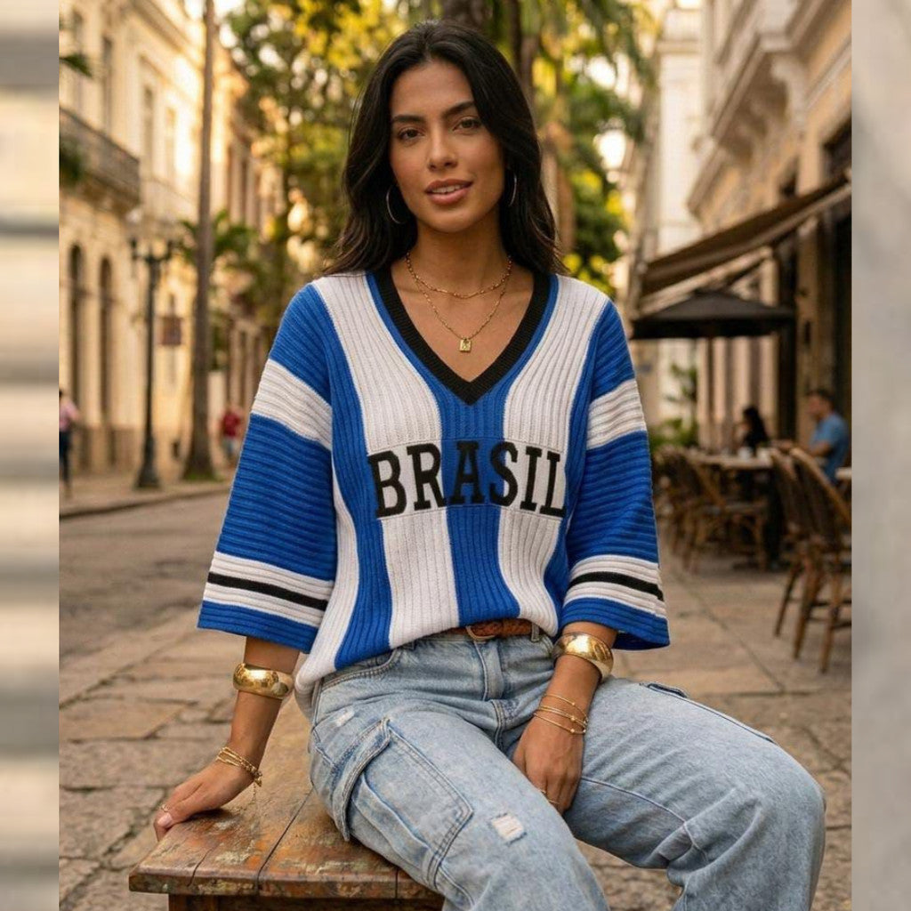 Camiseta Brasil Listrada Feminina Tricot Modal Canelado Copa do Mundo Verão