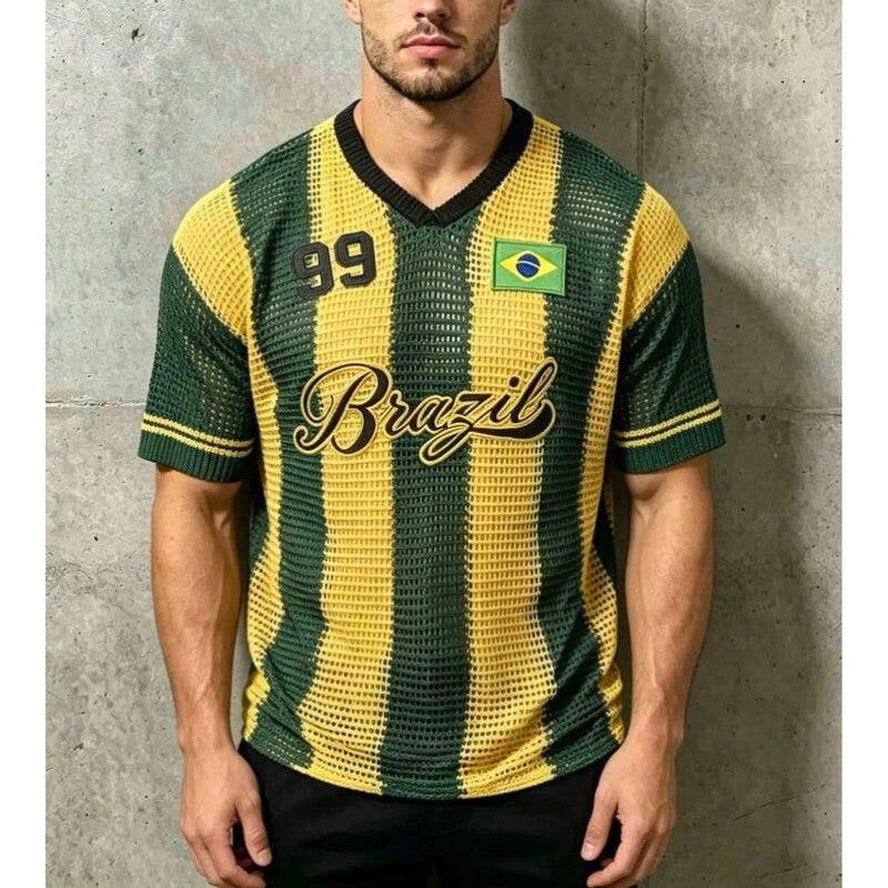 Blusa do Brasil Camisa Masculina Bordadas Tricô  Estilosa Copa do Mundo Verde Amarelo Seleção Brasileira COP11