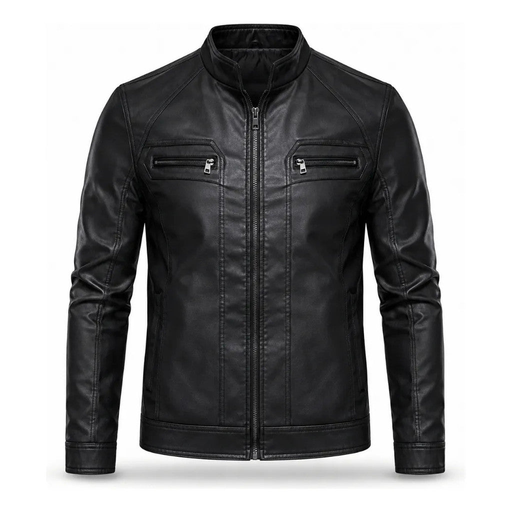 Jaqueta Biker Masculina Forrada Em Couro Sintético Com Zíper Estilo Motoqueiro Casual Elegante.
