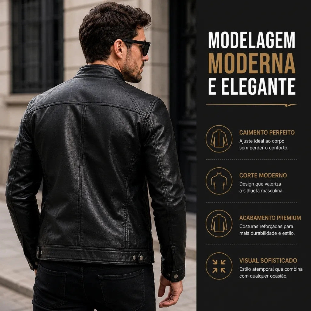 Jaqueta Biker Masculina Forrada Em Couro Sintético Com Zíper Estilo Motoqueiro Casual Elegante.