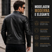 Jaqueta Biker Masculina Forrada Em Couro Sintético Com Zíper Estilo Motoqueiro Casual Elegante.