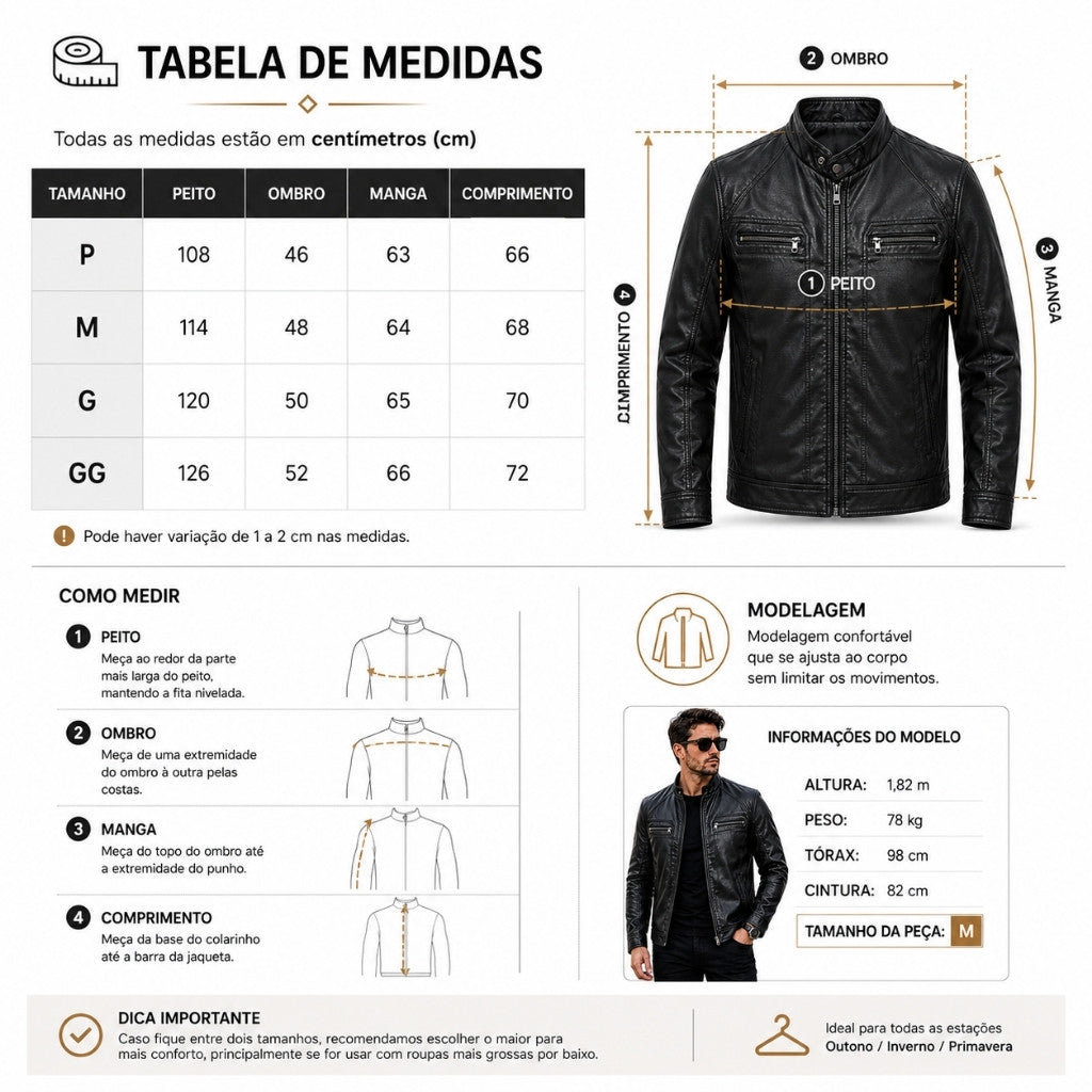Jaqueta Biker Masculina Forrada Em Couro Sintético Com Zíper Estilo Motoqueiro Casual Elegante.