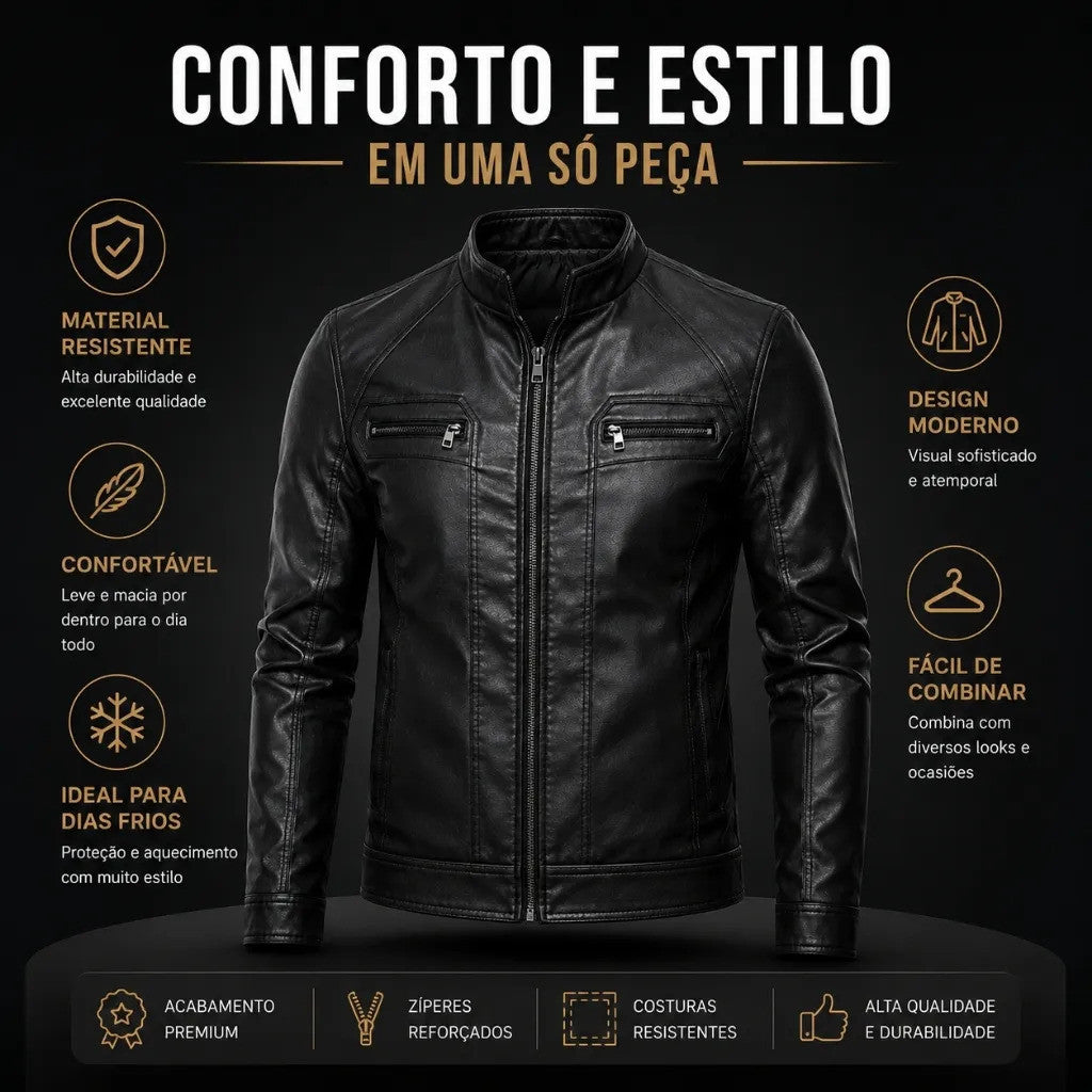 Jaqueta Biker Masculina Forrada Em Couro Sintético Com Zíper Estilo Motoqueiro Casual Elegante.