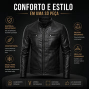 Jaqueta Biker Masculina Forrada Em Couro Sintético Com Zíper Estilo Motoqueiro Casual Elegante.