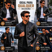 Jaqueta Biker Masculina Forrada Em Couro Sintético Com Zíper Estilo Motoqueiro Casual Elegante.