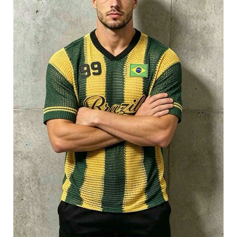 Blusa do Brasil Camisa Masculina Bordadas Tricô  Estilosa Copa do Mundo Verde Amarelo Seleção Brasileira COP11