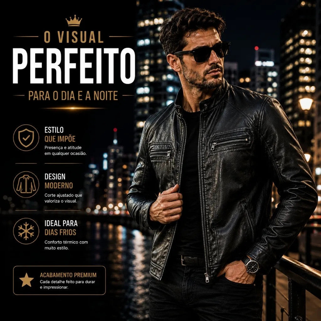 Jaqueta Biker Masculina Forrada Em Couro Sintético Com Zíper Estilo Motoqueiro Casual Elegante.