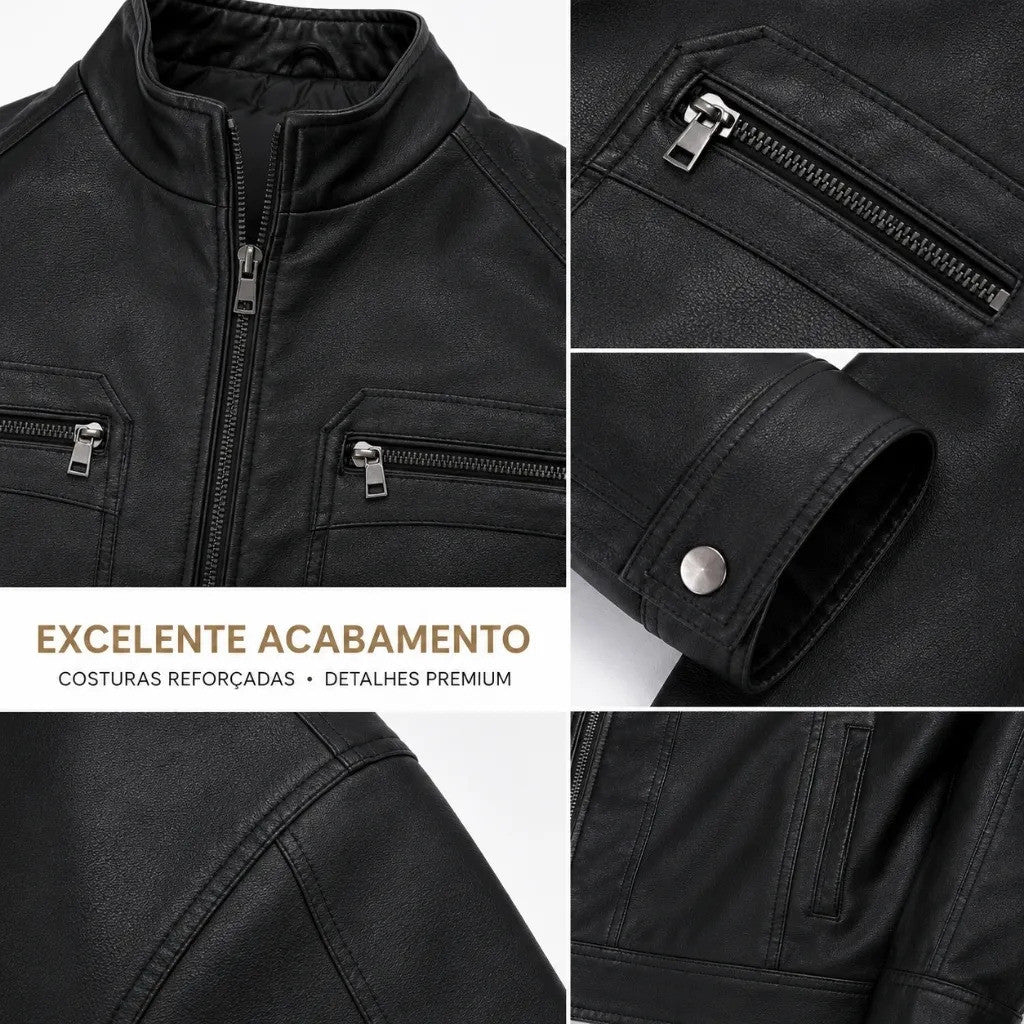 Jaqueta Biker Masculina Forrada Em Couro Sintético Com Zíper Estilo Motoqueiro Casual Elegante.