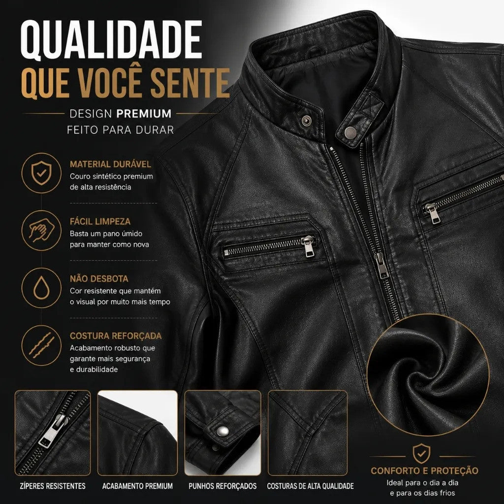 Jaqueta Biker Masculina Forrada Em Couro Sintético Com Zíper Estilo Motoqueiro Casual Elegante.