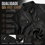 Jaqueta Biker Masculina Forrada Em Couro Sintético Com Zíper Estilo Motoqueiro Casual Elegante.