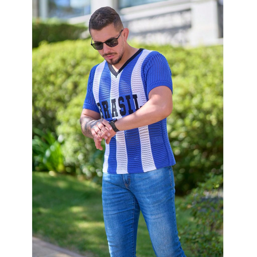 Camiseta Masculina Tricot Brasil Tecido Vazado Decote V Malhado Look Brasil Copa
