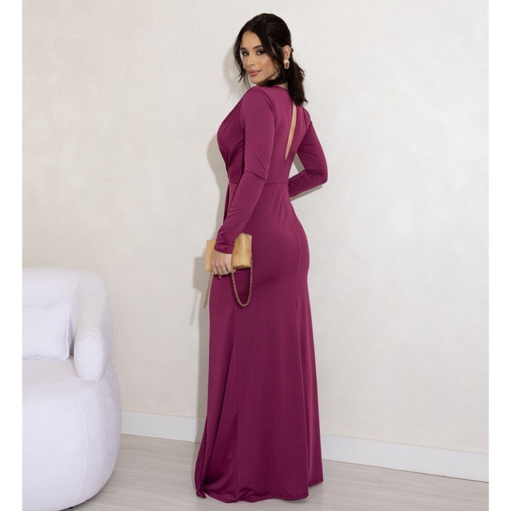Vestido de Festa Longo Drapeado com Fenda e Manga Longa para Madrinha