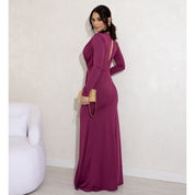 Vestido de Festa Longo Drapeado com Fenda e Manga Longa para Madrinha