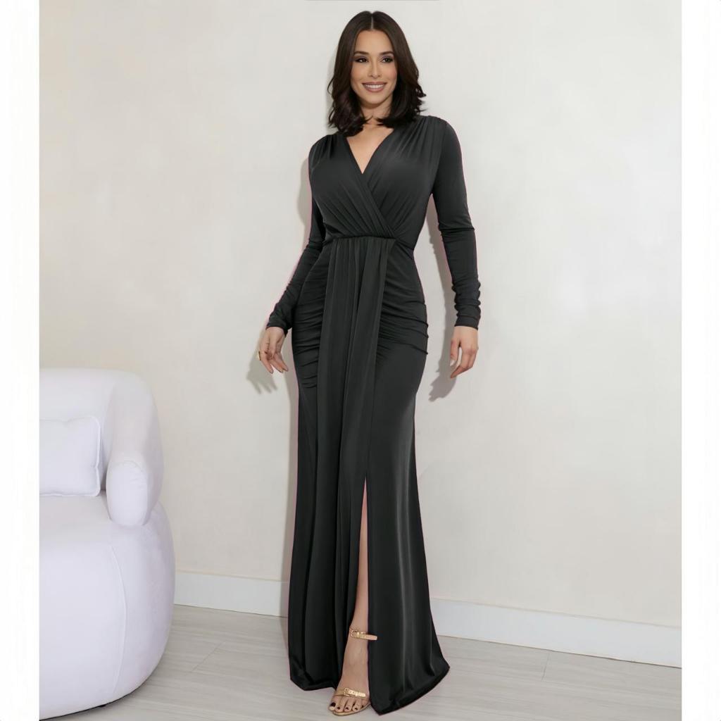 Vestido de Festa Longo Drapeado com Fenda e Manga Longa para Madrinha