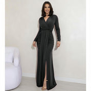 Vestido de Festa Longo Drapeado com Fenda e Manga Longa para Madrinha