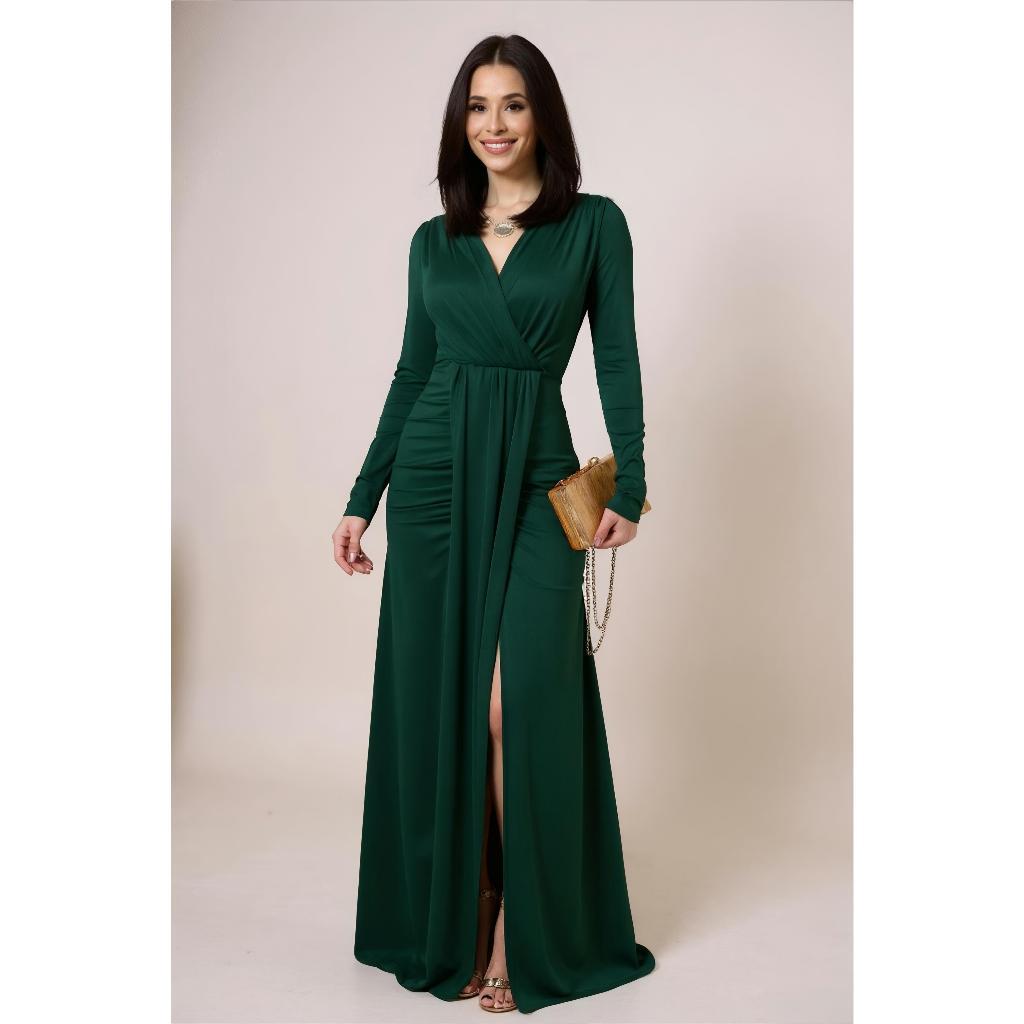 Vestido de Festa Longo Drapeado com Fenda e Manga Longa para Madrinha