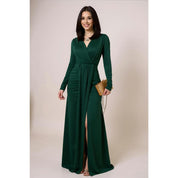 Vestido de Festa Longo Drapeado com Fenda e Manga Longa para Madrinha