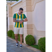 Camiseta Masculina Tricot Brasil Tecido Vazado Decote V Malhado Look Brasil Copa