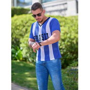 Camiseta Masculina Tricot Brasil Tecido Vazado Decote V Malhado Look Brasil Copa