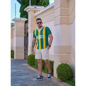 Camiseta Masculina Tricot Brasil Tecido Vazado Decote V Malhado Look Brasil Copa