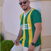 Camiseta Masculina Tricot Brasil Tecido Vazado Decote V Malhado Look Brasil Copa