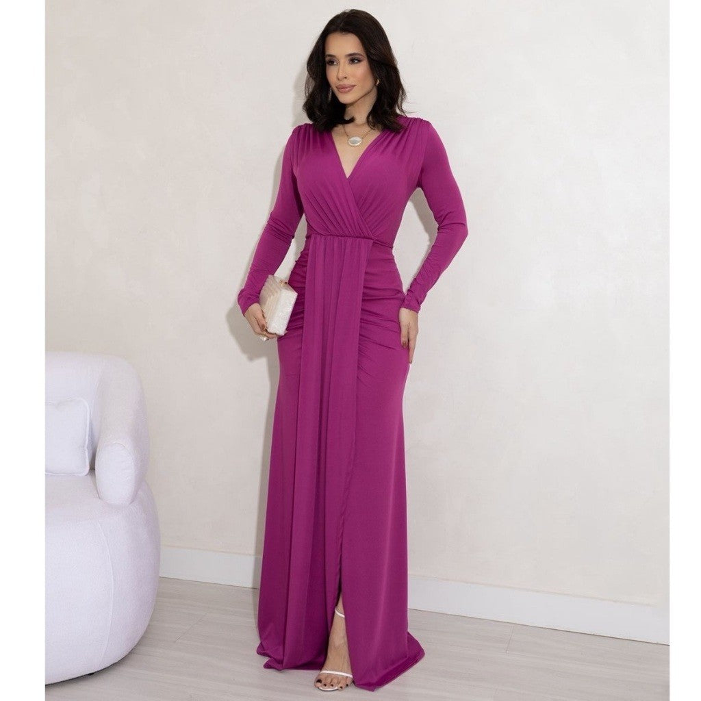 Vestido de Festa Longo Drapeado com Fenda e Manga Longa para Madrinha