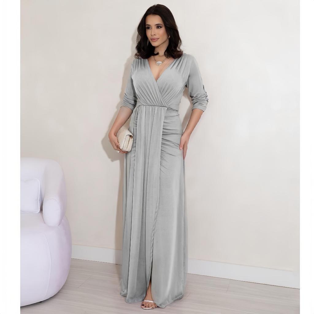 Vestido de Festa Longo Drapeado com Fenda e Manga Longa para Madrinha