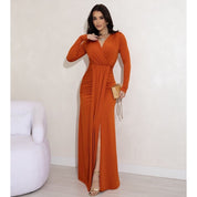 Vestido de Festa Longo Drapeado com Fenda e Manga Longa para Madrinha