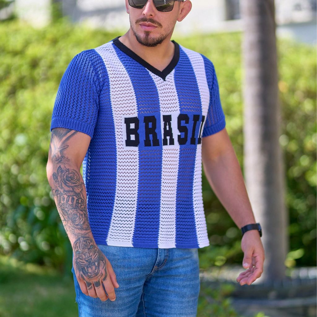 Camiseta Masculina Tricot Brasil Tecido Vazado Decote V Malhado Look Brasil Copa
