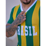Camiseta Masculina Tricot Brasil Tecido Vazado Decote V Malhado Look Brasil Copa