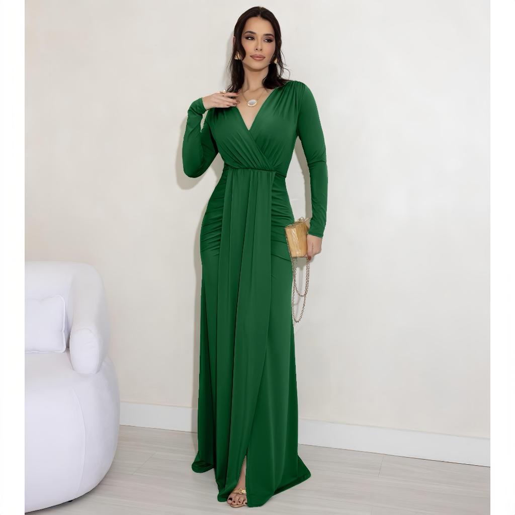 Vestido de Festa Longo Drapeado com Fenda e Manga Longa para Madrinha