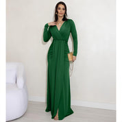 Vestido de Festa Longo Drapeado com Fenda e Manga Longa para Madrinha