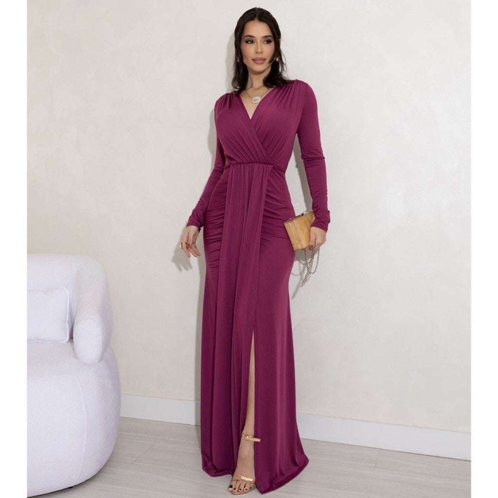 Vestido de Festa Longo Drapeado com Fenda e Manga Longa para Madrinha