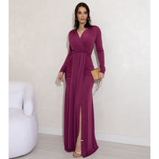 Vestido de Festa Longo Drapeado com Fenda e Manga Longa para Madrinha